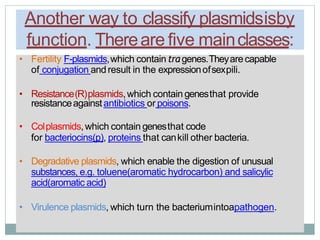Another way to classify plasmidsisby
function. Thereare five mainclasses:
• Fertility F-plasmids,which contain tragenes.Theyarecapable
of conjugation andresult in the expressionofsexpili.
• Resistance(R)plasmids,which contain genesthat provide
resistanceagainstantibiotics or poisons.
• Colplasmids,which contain genesthat code
for bacteriocins(p), proteins that cankill other bacteria.
• Degradative plasmids, which enable the digestion of unusual
substances, e.g. toluene(aromatic hydrocarbon) and salicylic
acid(aromatic acid)
• Virulence plasmids, which turn the bacteriumintoapathogen.
 