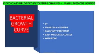 BACTERIAL
GROWTH
CURVE
• By
• MANEESHA M JOSEPH
• ASSISITANT PROFESSOR
• BABY MEMORIAL COLLEGE
• KOZHIKODE
MANEESHA M JOSEPH 1
VIDEO CLASS UPLOADED IN YOUTUBE CHANNEL - MALLU MEDICOS LOUNGE
 