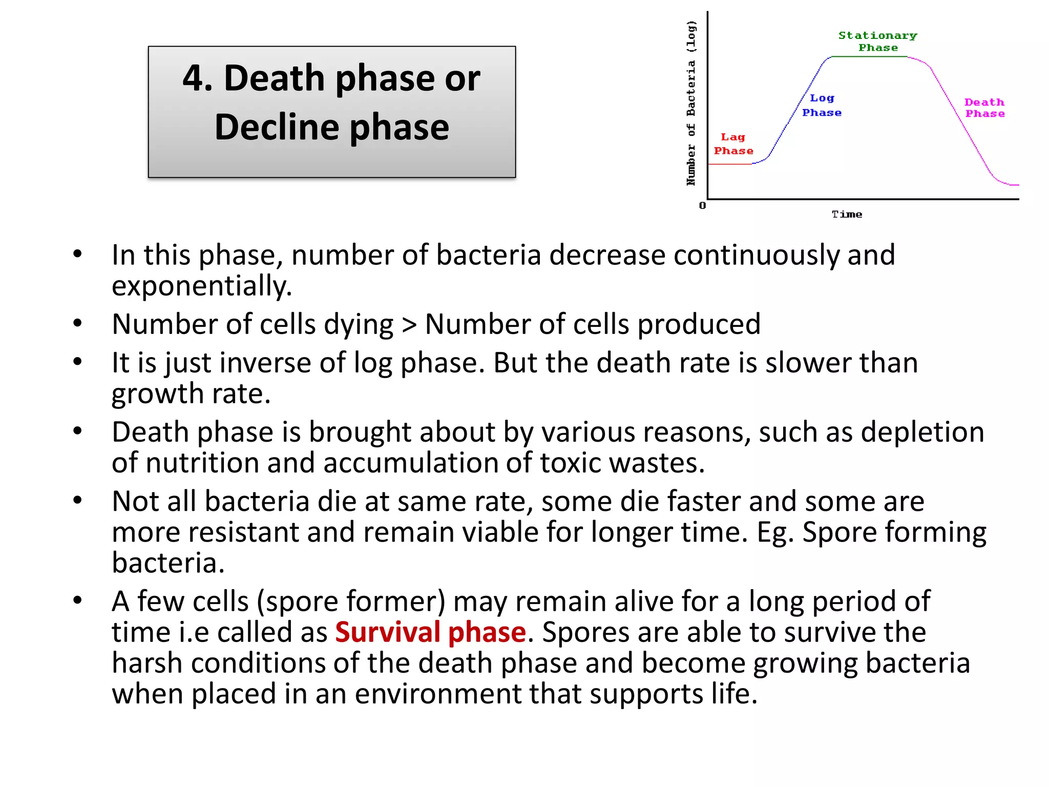 4. Death phase or
Decline phase
• In this phase, number of bacteria decrease continuously and
exponentially.
• Number of cells dying > Number of cells produced
• It is just inverse of log phase. But the death rate is slower than
growth rate.
• Death phase is brought about by various reasons, such as depletion
of nutrition and accumulation of toxic wastes.
• Not all bacteria die at same rate, some die faster and some are
more resistant and remain viable for longer time. Eg. Spore forming
bacteria.
• A few cells (spore former) may remain alive for a long period of
time i.e called as Survival phase. Spores are able to survive the
harsh conditions of the death phase and become growing bacteria
when placed in an environment that supports life.
 