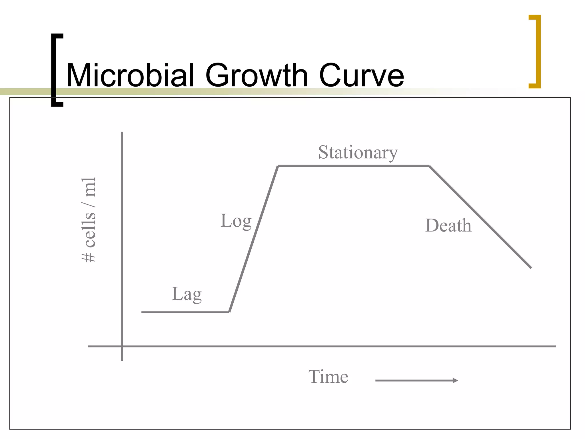 Microbial Growth Curve
Time
#
cells
/
ml
Lag
Log
Stationary
Death
 
