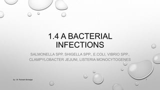 1.4 A BACTERIAL
INFECTIONS
SALMONELLA SPP, SHIGELLA SPP., E.COLI, VIBRIO SPP.,
CLAMPYLOBACTER JEJUNI, LISTERIA MONOCYTOGENES
1
by - Dr. Rutvesh Borisagar
 