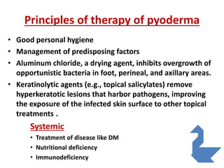 Principles of therapy of pyoderma
• Good personal hygiene
• Management of predisposing factors
• Aluminum chloride, a drying agent, inhibits overgrowth of
opportunistic bacteria in foot, perineal, and axillary areas.
• Keratinolytic agents (e.g., topical salicylates) remove
hyperkeratotic lesions that harbor pathogens, improving
the exposure of the infected skin surface to other topical
treatments .
Systemic
• Treatment of disease like DM
• Nutritional deficiency
• Immunodeficiency
 