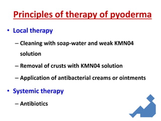 Principles of therapy of pyoderma
• Local therapy
– Cleaning with soap-water and weak KMN04
solution
– Removal of crusts with KMN04 solution
– Application of antibacterial creams or ointments
• Systemic therapy
– Antibiotics
 