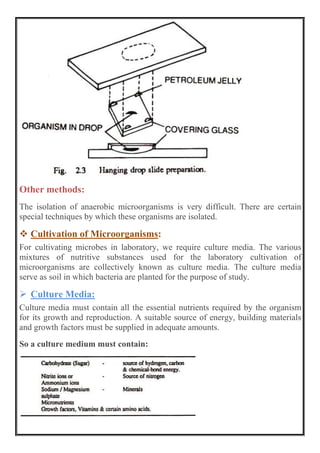 Other methods:
The isolation of anaerobic microorganisms is very difficult. There are certain
special techniques by which these organisms are isolated.
 Cultivation of Microorganisms:
For cultivating microbes in laboratory, we require culture media. The various
mixtures of nutritive substances used for the laboratory cultivation of
microorganisms are collectively known as culture media. The culture media
serve as soil in which bacteria are planted for the purpose of study.
 Culture Media:
Culture media must contain all the essential nutrients required by the organism
for its growth and reproduction. A suitable source of energy, building materials
and growth factors must be supplied in adequate amounts.
So a culture medium must contain:
 