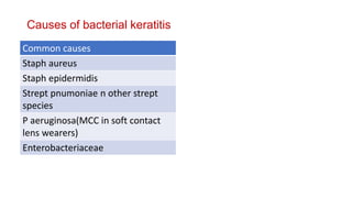 Common causes
Staph aureus
Staph epidermidis
Strept pnumoniae n other strept
species
P aeruginosa(MCC in soft contact
lens wearers)
Enterobacteriaceae
Causes of bacterial keratitis
 