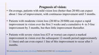 Prognosis of vision:
• On average, patients with mild vision loss (better than 20/40) can expect
about 1 line of improvement, with continuous improvement until 3 months.
• Patients with moderate vision loss (20/40 to 20/800) can expect a rapid
improvement in vision over the first 3 weeks and a cumulative 4- to 5-line
improvement by 3 months, but then little improvement thereafter.
• Patients with severe vision loss (CF or worse) can expect a marked
improvement in vision over the subsequent 12-month period (approximately
11 lines) and can even expect 1 line of this improvement to occur after 3
months.
Ref. Ophthalmology. 2014 Jun; 121(6): 1310–1311.e3. Published online 2014 Mar 5. doi: 10.1016/j.ophtha.2013.12.041
36
 