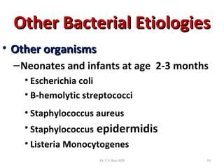 Other Bacterial Etiologies
• Other organisms
  – Neonates and infants at age 2-3 months
    • Escherichia coli
    • B-hemolytic streptococci
    • Staphylococcus aureus
    • Staphylococcus epidermidis
    • Listeria Monocytogenes
                      Dr.T.V.Rao MD      10
 
