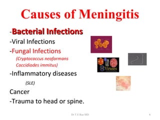 Causes of Meningitis
-Bacterial Infections
-Viral Infections
-Fungal Infections
  (Cryptococcus neoformans
  Coccidiodes immitus)
-Inflammatory diseases
      (SLE)

Cancer
-Trauma to head or spine.
                             Dr.T.V.Rao MD   4
 