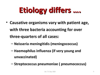 Etiology differs ….
• Causative organisms vary with patient age,
 with three bacteria accounting for over
 three-quarters of all cases:
  – Neisseria meningitidis (meningococcus)
  – Haemophilus influenza (if very young and
    unvaccinated)
  – Streptococcus pneumoniae ( pneumococcus)
                      Dr.T.V.Rao MD            9
 