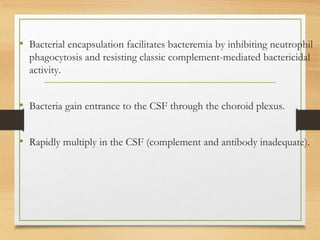 • Bacterial encapsulation facilitates bacteremia by inhibiting neutrophil
phagocytosis and resisting classic complement-mediated bactericidal
activity.
• Bacteria gain entrance to the CSF through the choroid plexus.
• Rapidly multiply in the CSF (complement and antibody inadequate).
 