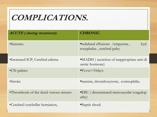 COMPLICATIONS.
ACUTE ( during treatment). CHRONIC.
•Seizures. subdural effusions /empyema , hyd
rocephalus , cerebral palsy
•Increased ICP, Cerebral edema. SIADH ( secretion of inappropriate anti-di
uretic hormone)
•CN-palsies Fever>10days
•Stroke anemia, thrombocytosis, eosinophilia.
•Thrombosis of the dural venous sinuses DIC ( disseminated intravascular coagulop
athy)
•Cerebral/cerebellar herniation, Septic shock
 