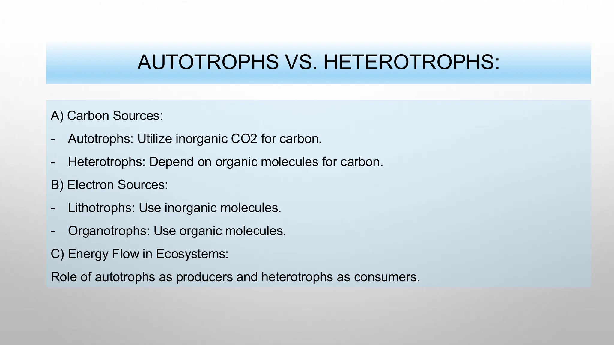 AUTOTROPHS VS. HETEROTROPHS:
A) Carbon Sources:
- Autotrophs: Utilize inorganic CO2 for carbon.
- Heterotrophs: Depend on organic molecules for carbon.
B) Electron Sources:
- Lithotrophs: Use inorganic molecules.
- Organotrophs: Use organic molecules.
C) Energy Flow in Ecosystems:
Role of autotrophs as producers and heterotrophs as consumers.
 