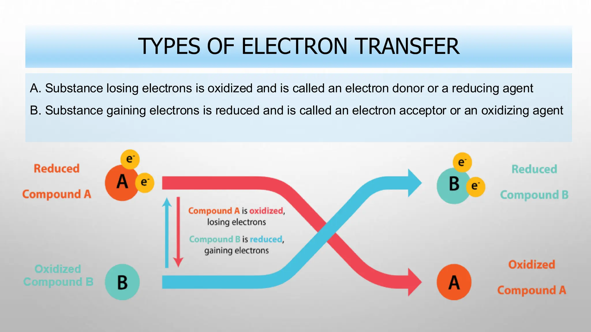 TYPES OF ELECTRON TRANSFER
A. Substance losing electrons is oxidized and is called an electron donor or a reducing agent
B. Substance gaining electrons is reduced and is called an electron acceptor or an oxidizing agent
 