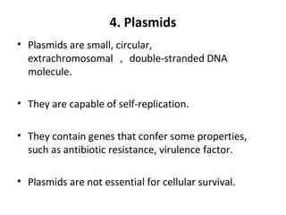 4. Plasmids
• Plasmids are small, circular,
extrachromosomal ， double-stranded DNA
molecule.
• They are capable of self-replication.
• They contain genes that confer some properties,
such as antibiotic resistance, virulence factor.
• Plasmids are not essential for cellular survival.
 