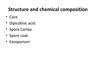 Structure and chemical composition
• Core
• Dipicolinic acid
• Spore Cortex
• Spore coat
• Exosporium
 