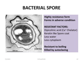 BACTERIAL SPORE
Highly resistance form
Forms in adverse condition
RESISTANT FACTORS:
Dipicolinic acid (Ca+ Chelator)
Keratin like Spore coat
Less water
Less cytoplasm
Resistant to boiling
Killed by autoclaving
7/1/2015 22Dr.Tarek/KUIN
 