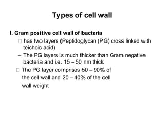 Types of cell wall
I. Gram positive cell wall of bacteria
has two layers (Peptidoglycan (PG) cross linked with
teichoic acid)
– The PG layers is much thicker than Gram negative
bacteria and i.e. 15 – 50 nm thick
The PG layer comprises 50 – 90% of
the cell wall and 20 – 40% of the cell
wall weight
 