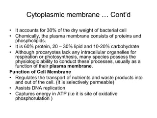 Cytoplasmic membrane … Cont’d
• It accounts for 30% of the dry weight of bacterial cell
• Chemically, the plasma membrane consists of proteins and
phospholipids.
• It is 60% protein, 20 – 30% lipid and 10-20% carbohydrate
• Although procaryotes lack any intracellular organelles for
respiration or photosynthesis, many species possess the
physiologic ability to conduct these processes, usually as a
function of their plasma membrane.
Function of Cell Membrane
• Regulates the transport of nutrients and waste products into
and out of the cell. (It is selectively permeable)
• Assists DNA replication
• Captures energy in ATP (i.e it is site of oxidative
phosphorulation )
 