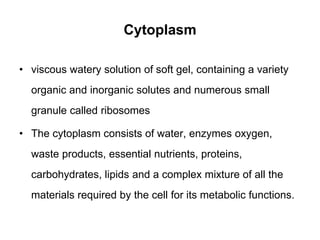Cytoplasm
• viscous watery solution of soft gel, containing a variety
organic and inorganic solutes and numerous small
granule called ribosomes
• The cytoplasm consists of water, enzymes oxygen,
waste products, essential nutrients, proteins,
carbohydrates, lipids and a complex mixture of all the
materials required by the cell for its metabolic functions.
 