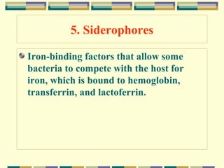 5. Siderophores
Iron-binding factors that allow some
bacteria to compete with the host for
iron, which is bound to hemoglobin,
transferrin, and lactoferrin.

 
