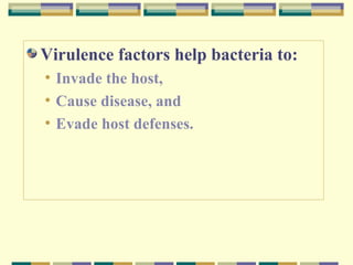 Virulence factors help bacteria to:
• Invade the host,
• Cause disease, and
• Evade host defenses.

 