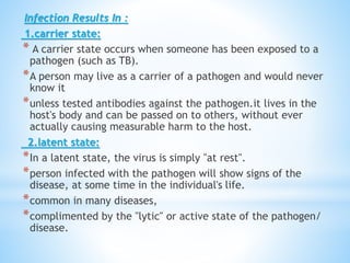 Infection Results In :
1.carrier state:
* A carrier state occurs when someone has been exposed to a
pathogen (such as TB).
*A person may live as a carrier of a pathogen and would never
know it
*unless tested antibodies against the pathogen.it lives in the
host's body and can be passed on to others, without ever
actually causing measurable harm to the host.
2.latent state:
*In a latent state, the virus is simply "at rest".
*person infected with the pathogen will show signs of the
disease, at some time in the individual's life.
*common in many diseases,
*complimented by the "lytic" or active state of the pathogen/
disease.
 