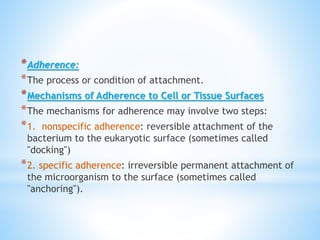 *Adherence:
*The process or condition of attachment.
*Mechanisms of Adherence to Cell or Tissue Surfaces
*The mechanisms for adherence may involve two steps:
*1. nonspecific adherence: reversible attachment of the
bacterium to the eukaryotic surface (sometimes called
"docking")
*2. specific adherence: irreversible permanent attachment of
the microorganism to the surface (sometimes called
"anchoring").
 
