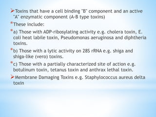 Toxins that have a cell binding "B" component and an active
"A" enzymatic component (A-B type toxins)
*These include:
*a) Those with ADP-ribosylating activity e.g. cholera toxin, E.
coli heat labile toxin, Pseudomonas aeruginosa and diphtheria
toxins.
*b) Those with a lytic activity on 28S rRNA e.g. shiga and
shiga-like (vero) toxins.
*c) Those with a partially characterized site of action e.g.
botulinum toxin, tetanus toxin and anthrax lethal toxin.
Membrane Damaging Toxins e.g. Staphylococcus aureus delta
toxin
 