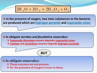 In obligate aerobes and facultative anaerobes:
Superoxide dismutase enzyme degrades superoxide anion.
Catalase and peroxidase enzymes degrade hydrogen peroxide.
BUT
In obligate anaerobes:
These enzymes are not present.
So, the presence of oxygen is toxic to them.
In the presence of oxygen, two toxic substances to the bacteria
are produced which are hydrogen peroxide and superoxide anion.
 