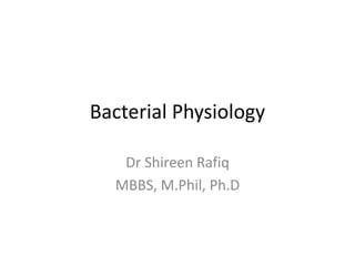 Bacterial Physiology
Dr Shireen Rafiq
MBBS, M.Phil, Ph.D
 