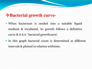 Bacterial growth curve-
 When bacterium is seeded into a suitable liquid
medium & incubated, its growth follows a definitive
curve & is k/a ‘ bacterial growthcurve’.
 In this graph bacterial count is determined at different
intervals & plotted in relation withtime.
 