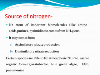 Source of nitrogen-
 N2 atom of important biomolecules (like amino
acids,purines, pyrimidines) comes from NH4ions.
 It may comesfrom
a) Assimilatory nitrateproduction
b) Dissimilatory nitratereduction
Certain species are able to fix atmospheric N2 into usable
organic form.e.g.azatobactor, blue green algae, kleb.
pneumoniae
 