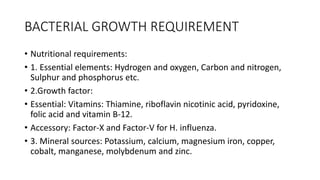 BACTERIAL GROWTH REQUIREMENT
• Nutritional requirements:
• 1. Essential elements: Hydrogen and oxygen, Carbon and nitrogen,
Sulphur and phosphorus etc.
• 2.Growth factor:
• Essential: Vitamins: Thiamine, riboflavin nicotinic acid, pyridoxine,
folic acid and vitamin B-12.
• Accessory: Factor-X and Factor-V for H. influenza.
• 3. Mineral sources: Potassium, calcium, magnesium iron, copper,
cobalt, manganese, molybdenum and zinc.
 