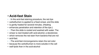 • Acid-fast Stain
• In the acid-fast staining procedure, the red dye
• carbolfuchsin is applied to a fixed smear, and the slide
• is gently heated for several minutes. (Heating
• enhances penetration and retention of the dye.)
• Then the slide is cooled and washed with water. The
• smear is next treated with acid-alcohol, a decolorizer,
• which removes the red stain from bacteria that are not
• acid-fast.
• The acid-fast microorganisms retain the red color
• because the carbolfuchsin is more soluble in the cell
• wall lipids than in the acid-alcohol
 
