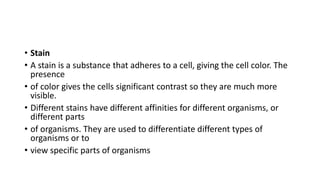 • Stain
• A stain is a substance that adheres to a cell, giving the cell color. The
presence
• of color gives the cells significant contrast so they are much more
visible.
• Different stains have different affinities for different organisms, or
different parts
• of organisms. They are used to differentiate different types of
organisms or to
• view specific parts of organisms
 