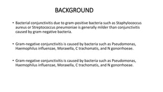 BACKGROUND
• Bacterial conjunctivitis due to gram-positive bacteria such as Staphylococcus
aureus or Streptococcus pneumoniae is generally milder than conjunctivitis
caused by gram-negative bacteria.
• Gram-negative conjunctivitis is caused by bacteria such as Pseudomonas,
Haemophilus influenzae, Moraxella, C trachomatis, and N gonorrhoeae.
• Gram-negative conjunctivitis is caused by bacteria such as Pseudomonas,
Haemophilus influenzae, Moraxella, C trachomatis, and N gonorrhoeae.
 