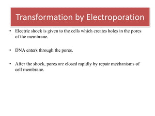 by Calcium Chloride
• Electric shock is given to the cells which creates holes in the pores
of the membrane.
• DNA enters through the pores.
• After the shock, pores are closed rapidly by repair mechanisms of
cell membrane.
Transformation by Electroporation
 