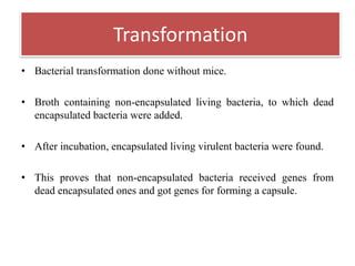 • Bacterial transformation done without mice.
• Broth containing non-encapsulated living bacteria, to which dead
encapsulated bacteria were added.
• After incubation, encapsulated living virulent bacteria were found.
• This proves that non-encapsulated bacteria received genes from
dead encapsulated ones and got genes for forming a capsule.
Transformation
 