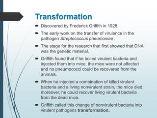 Transformation
 Discovered by Frederick Griffith in 1928.
 The early work on the transfer of virulence in the
pathogen Streptococcus pneumoniae .
 The stage for the research that first showed that DNA
was the genetic material.
 Griffith found that if he boiled virulent bacteria and
injected them into mice, the mice were not affected
and no pneumococci could be recovered from the
animals.
 When he injected a combination of killed virulent
bacteria and a living nonvirulent strain, the mice died;
moreover, he could recover living virulent bacteria
from the dead mice.
 Griffith called this change of nonvirulent bacteria into
virulent pathogens transformation.
 