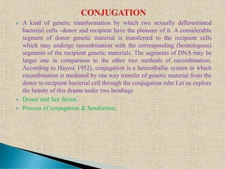  A kind of genetic transformation by which two sexually differentiated
bacterial cells –donor and recipient have the pleasure of it. A considerable
segment of donor genetic material is transferred to the recipient cells
which may undergo recombination with the corresponding (homologous)
segments of the recipient genetic materials. The segments of DNA may be
larger one in comparison to the other two methods of recombination.
According to Hayes( 1952), conjugation is a heterothallic system in which
recombination is mediated by one way transfer of genetic material from the
donor to recipient bacterial cell through the conjugation tube Let us explore
the beauty of this drama under two headings
 Donor and Sex factor,
 Process of conjugation & Sexduction.
 