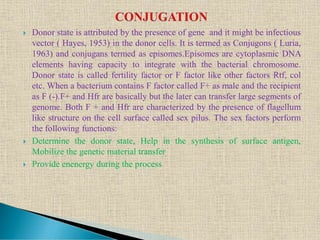  Donor state is attributed by the presence of gene and it might be infectious
vector ( Hayes, 1953) in the donor cells. It is termed as Conjugons ( Luria,
1963) and conjugans termed as episomes.Episomes are cytoplasmic DNA
elements having capacity to integrate with the bacterial chromosome.
Donor state is called fertility factor or F factor like other factors Rtf, col
etc. When a bacterium contains F factor called F+ as male and the recipient
as F (-).F+ and Hfr are basically but the later can transfer large segments of
genome. Both F + and Hfr are characterized by the presence of flagellum
like structure on the cell surface called sex pilus. The sex factors perform
the following functions:
 Determine the donor state, Help in the synthesis of surface antigen,
Mobilize the genetic material transfer
 Provide enenergy during the process
 