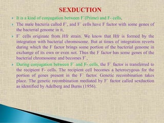  It is a kind of conjugation between F`(Prime) and F- cells,
 The male bacteria called F`, and F` cells have F factor with some genes of
the bacterial genome in it,
 F` cells originate from Hfr strain. We know that Hfr is formed by the
integration with bacterial chromosome. But at times of integration reverts
during which the F factor brings some portion of the bacterial genome in
exchange of its own or even not. Thus the F factor has some genes of the
bacterial chromosome and becomes F`,
 During conjugation between F` and F- cells, the F` factor is transferred to
the recipient F- cells. The recipient cell becomes a heterozygous for the
portion of genes present in the F` factor. Genetic recombination takes
place. The genetic recombination mediated by F` factor called sexduction
as identified by Adelberg and Burns (1956).
 