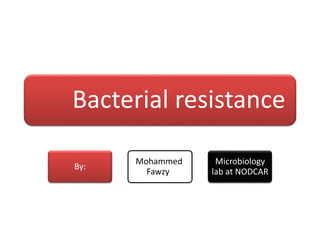 Bacterial resistance
By:
Mohammed
Fawzy
Microbiology
lab at NODCAR
 