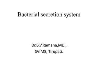 Bacterial secretion system



     Dr.B.V.Ramana,MD.,
       SVIMS, Tirupati.
 