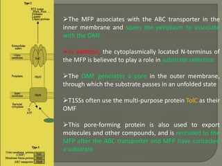 The MFP associates with the ABC transporter in the
inner membrane and spans the periplasm to associate
with the OMF
In addition, the cytoplasmically located N-terminus of
the MFP is believed to play a role in substrate selection
The OMF generates a pore in the outer membrane,
through which the substrate passes in an unfolded state
T1SSs often use the multi-purpose protein TolC as their
OMF
This pore-forming protein is also used to export
molecules and other compounds, and is recruited to the
MFP after the ABC transporter and MFP have contacted
a substrate
 