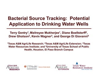 Bacterial Source Tracking: Potential
Application to Drinking Water Wells
Terry Gentry1, Maitreyee Mukherjee1, Diane Boellstorff2,
Drew Gholson2, Kevin Wagner3, and George Di Giovanni4
1Texas A&M AgriLife Research; 2Texas A&M AgriLife Extension; 3Texas
Water Resources Institute; and 4University of Texas School of Public
Health, Houston, El Paso Branch Campus
 