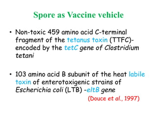 Spore as Vaccine vehicle
• Non-toxic 459 amino acid C-terminal
fragment of the tetanus toxin (TTFC)-
encoded by the tetC gene of Clostridium
tetani
• 103 amino acid B subunit of the heat labile
toxin of enterotoxigenic strains of
Escherichia coli (LTB) -eltB gene
(Douce et al., 1997)
 