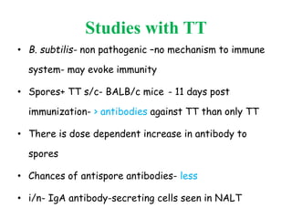 Studies with TT
• B. subtilis- non pathogenic –no mechanism to immune
system- may evoke immunity
• Spores+ TT s/c- BALB/c mice - 11 days post
immunization- > antibodies against TT than only TT
• There is dose dependent increase in antibody to
spores
• Chances of antispore antibodies- less
• i/n- IgA antibody-secreting cells seen in NALT
 