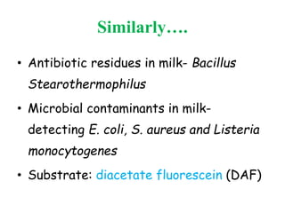 Similarly….
• Antibiotic residues in milk- Bacillus
Stearothermophilus
• Microbial contaminants in milk-
detecting E. coli, S. aureus and Listeria
monocytogenes
• Substrate: diacetate fluorescein (DAF)
 