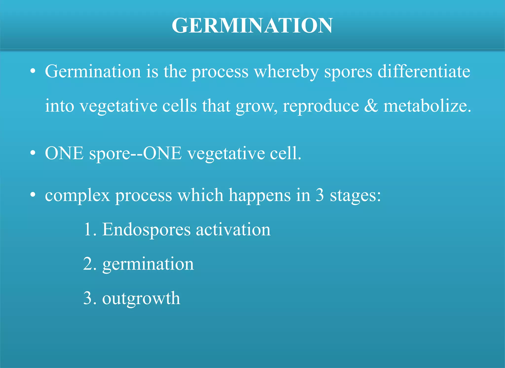 • Germination is the process whereby spores differentiate
into vegetative cells that grow, reproduce & metabolize.
• ONE spore--ONE vegetative cell.
• complex process which happens in 3 stages:
1. Endospores activation
2. germination
3. outgrowth
GERMINATION
 